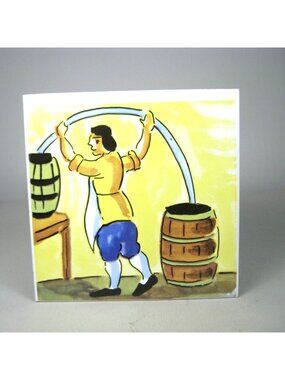 Vintage Hand Painted Ceramic Tile Traditional Barrel Scene 6 inch Spain Cooper